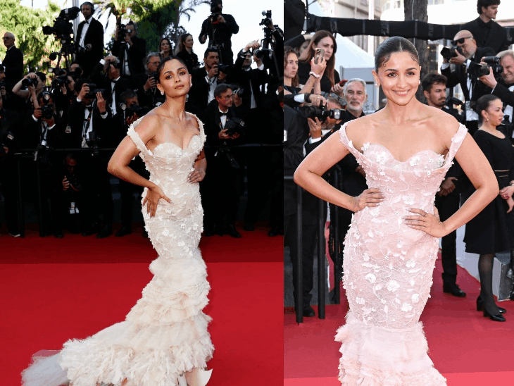 Alia Bhatt Glamorous Look | Cannes Film Festival Photos | कांस में आलिया ने राजकुमारी जैसे अंदाज में किया डेब्यू: पीच गाउन में दिखीं एक्ट्रेस, कान के पीछे के काले टीके ने खींचा ध्यान